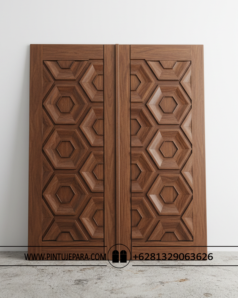 Daun pintu ganda panel heksagon kayu jati PJ-386